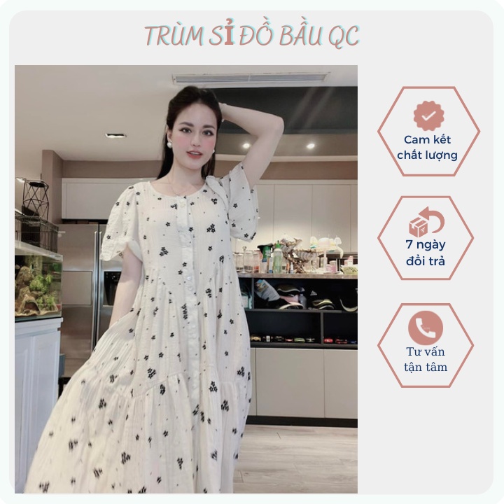 Đầm Bầu, Váy Bầu Mùa Hè Hoa Nhí 2 lớp dáng babydoll dài cúc mở. Chất liệu đũi cao cấp mềm mại thoáng mát.