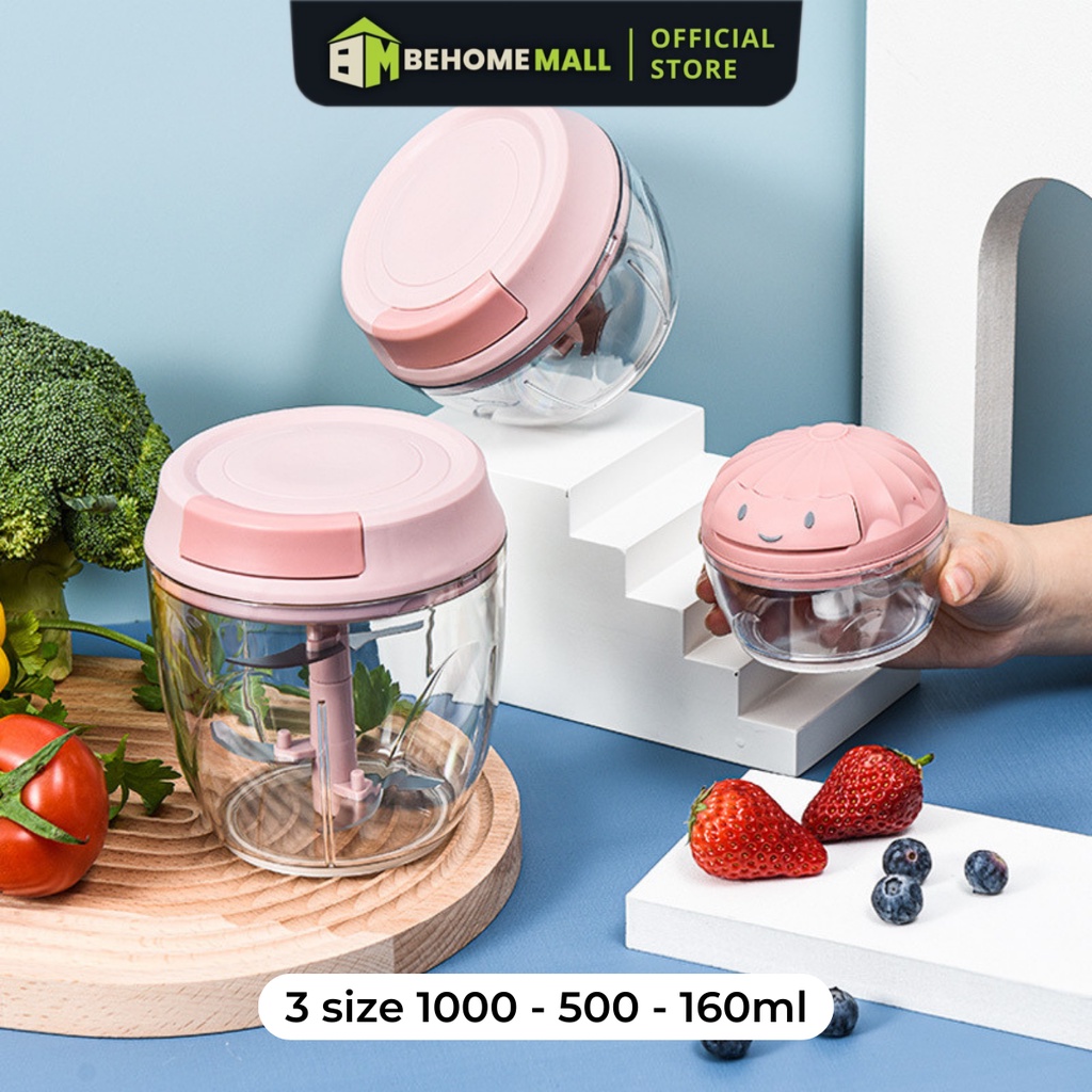 Máy xay tỏi ớt đa năng BEHOMEMALL xay cơ học hai màu ba kích thước xay bén dễ vệ sinh