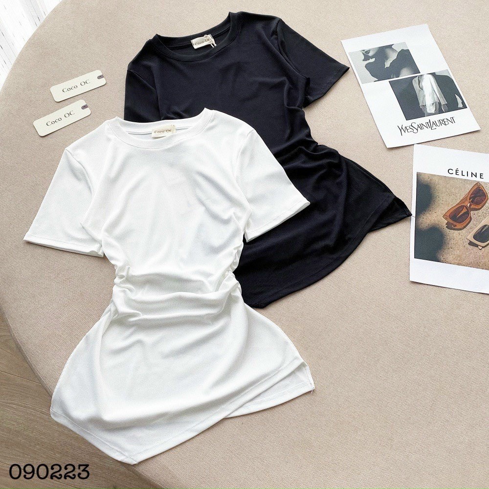 Áo kiểu tay ngắn nhúm sườn nhọn tà ôm body cực xinh , chất thun bozip mềm mát