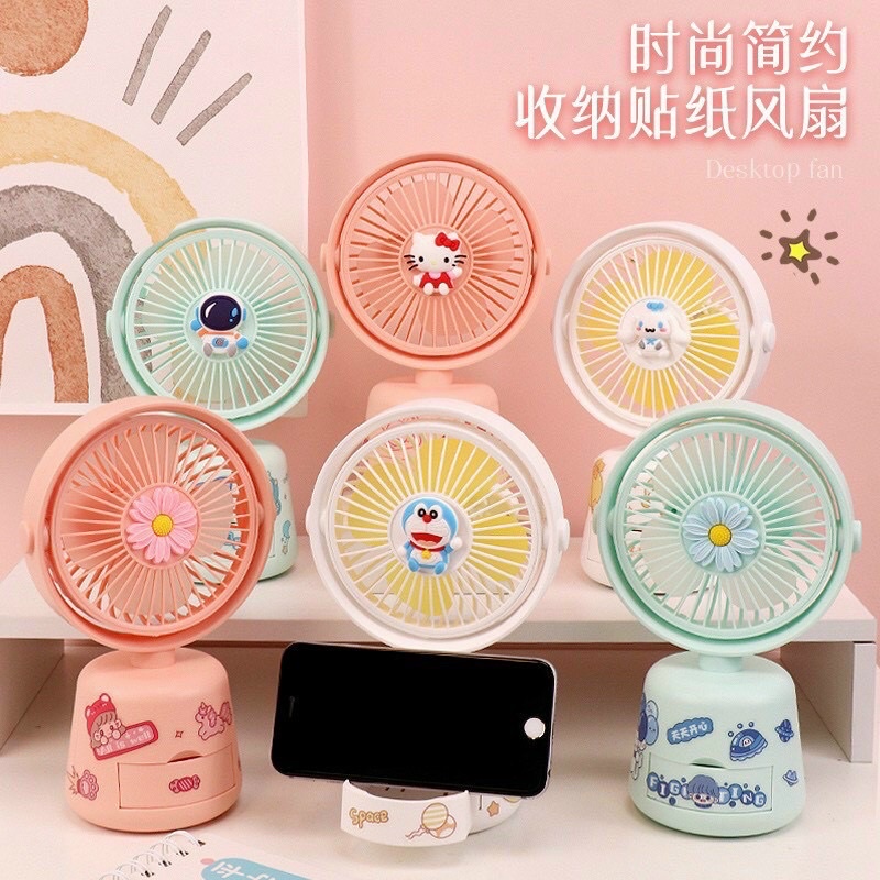 Quạt tích điện mini để bàn có đèn Hình Kitty dễ thương kèm giá đỡ điện thoại, cổng sạc USB Yên Tĩnh, Nhỏ Gọn