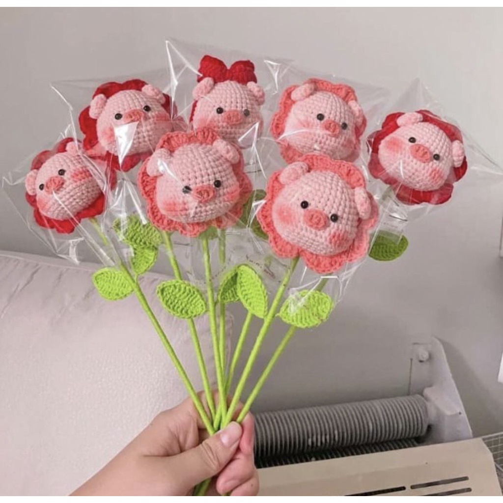 Hoa len móc hình heo hồng/lợn hồng/đầu thú dễ thương làm quà tặng sinh nhật, tốt nghiệp, trang trí