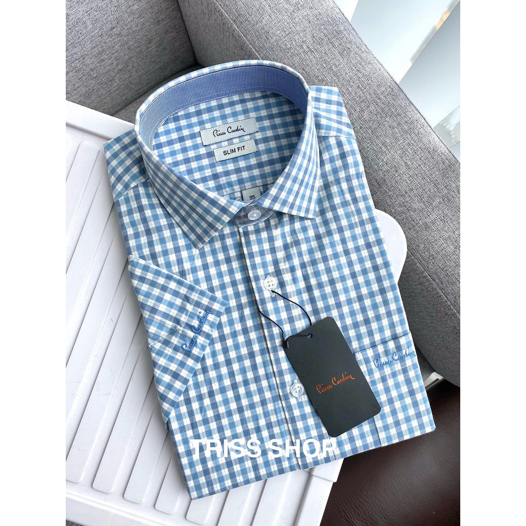 Sơ mi ngắn tay họa tiết caro cao cấp Pierre Cardin 14 xuất Hàn chất liệu cotton form slim