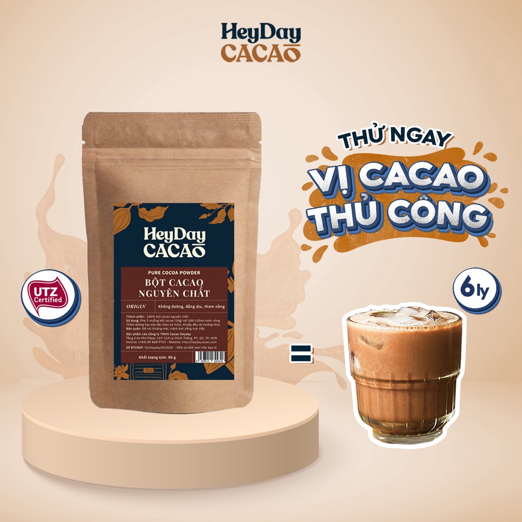Túi 50g Bột cacao nguyên chất 100% không đường Heyday - Dòng Origin thượng hạng - Chuẩn UTZ Quốc Tế