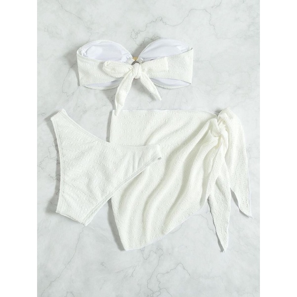 Bikini đồ bơi nữ áo quây khoen quần chip mix khăn quấn vải xốp trắng sành điệu