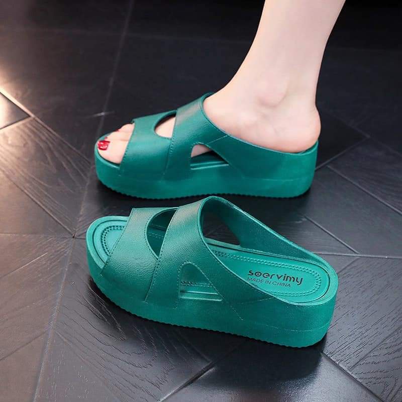 Dép quai ngang nữ đi mưa cao gót 5cm êm chân chất liệu nhựa dẻo đế đúc siêu bền