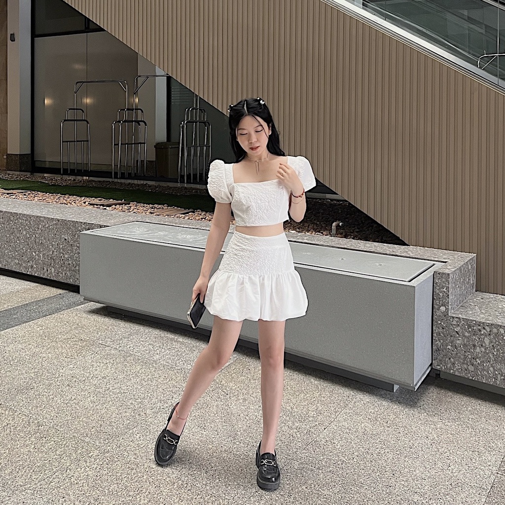 Set áo tay bồng cổ vuông chân váy bồng xoè sang chảnh đáng yêu thiết kế Bonheur Karina Set