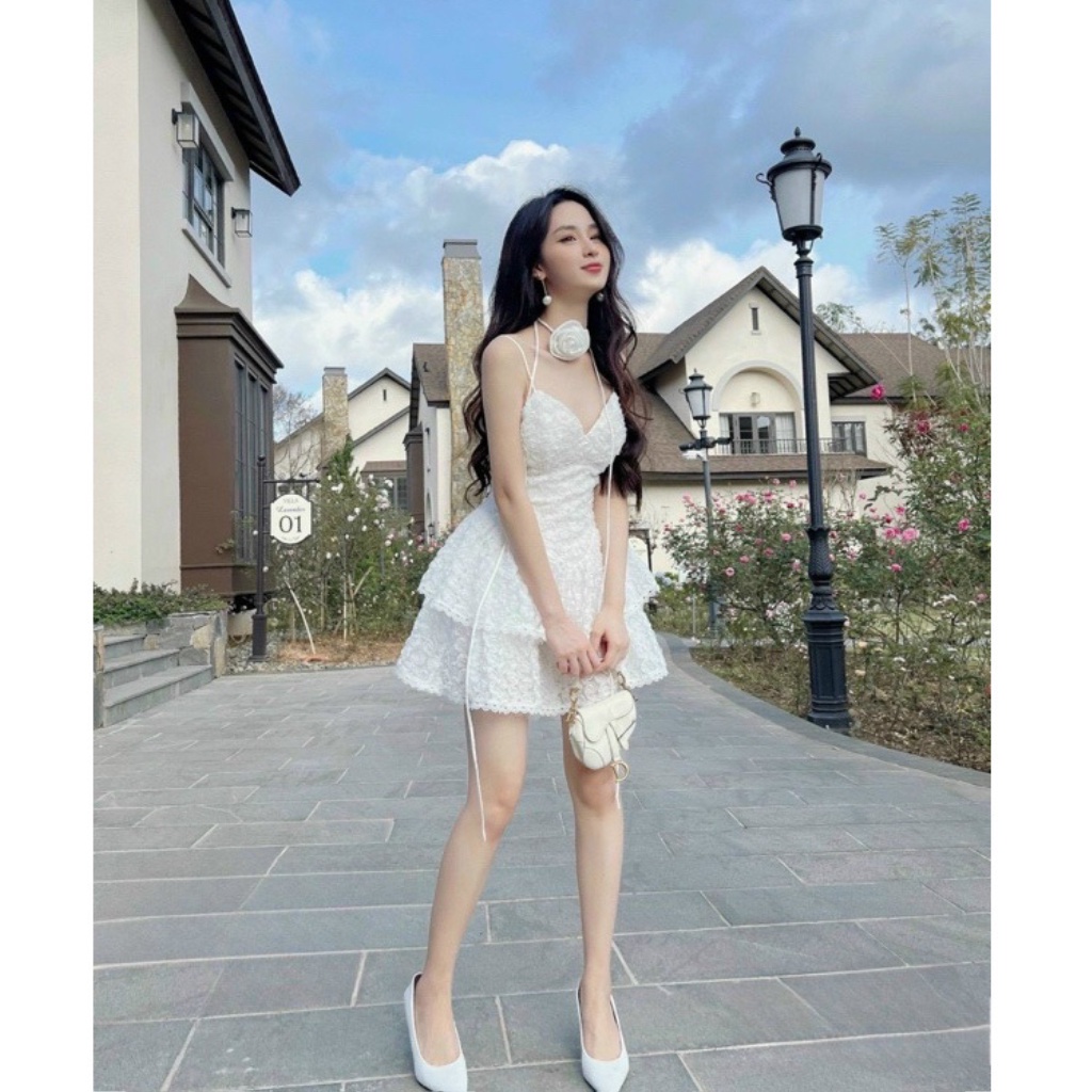 Đầm dự tiệc dây ren hoa xoè tầng kèm dây hoa - hàng thiết kế