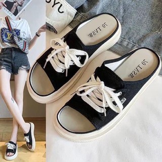Giày sục quai ngang dép sục nữ dây buộc hở mũi đế bánh mì full size