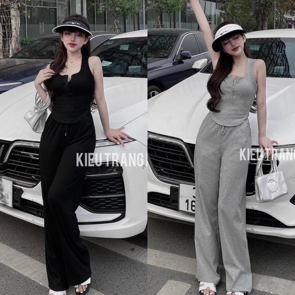 Set đồ bộ áo 2 dây vạt bầu phối quần dài ống rộng tôn dáng, thời trang dành cho các nàng đi chơi, dạo phố siêu xinh.