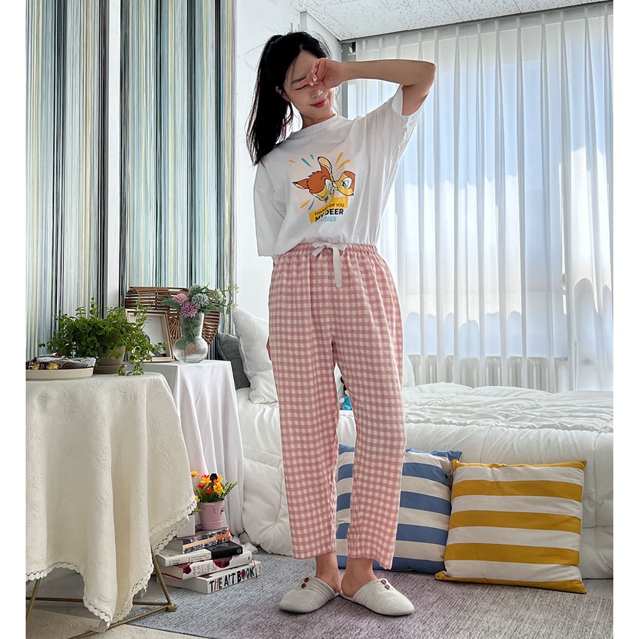 Quần dài baggy caro trắng hồng dễ thương vải ford cao cấp form rộng thoải mái đi chơi, mặc ở nhà ngủ