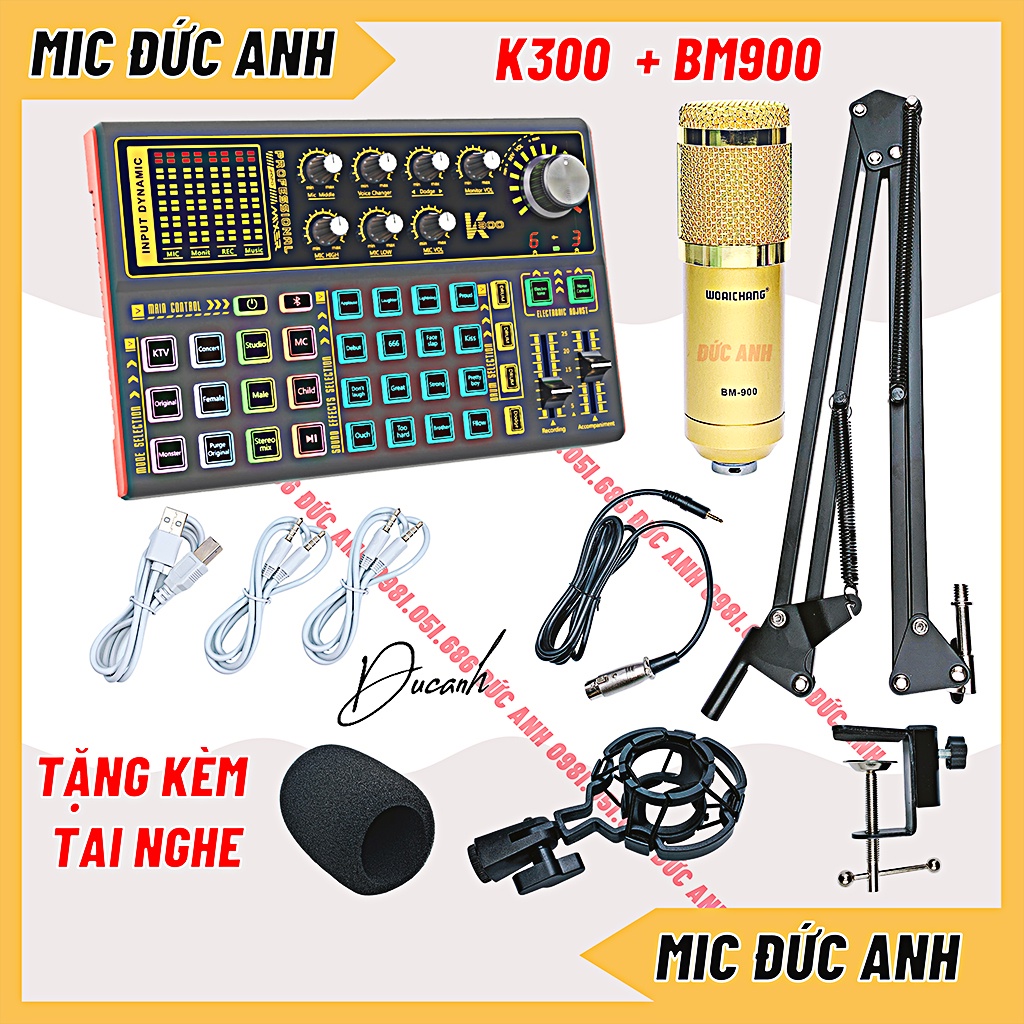 Bộ Mic Thu Âm BM900 Sound Card K300 Micro Livestream Chuyên Nghiệp Có Bluetooth Hiệu Ứng Vỗ Tay Tiếng Cười Giả Giọng