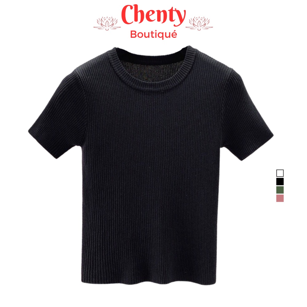 Áo thun gân nữ cổ tròn tay ngắn CHENTY form vừa chất co giãn 4 chiều màu đen trắng hồng xanh basic dễ mặc dễ phối UN01