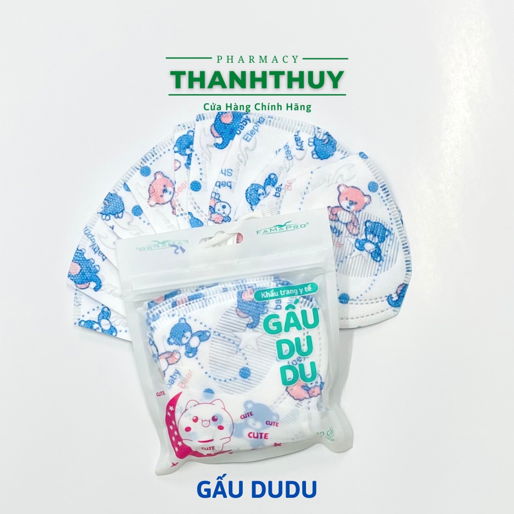 Túi 10 Cái Khẩu Trang Y Tế Cao Cấp Trẻ Em Kháng Khuẩn 3 Lớp Famapro Kids Gấu Dudu