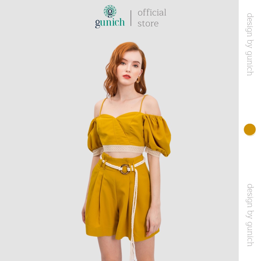 Quần shorts xếp ly ống rộng vàng mù tạt Gunich