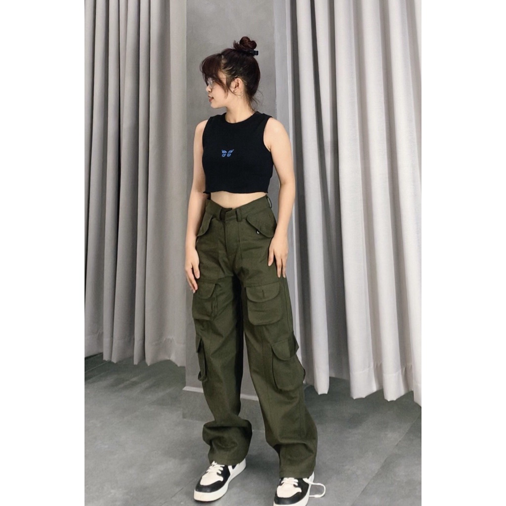 Quần kaki dài xuông ống rộng túi hộp đen trơn thời trang cho nam / nữ In store -hình thật | BigBuy360 - bigbuy360.vn