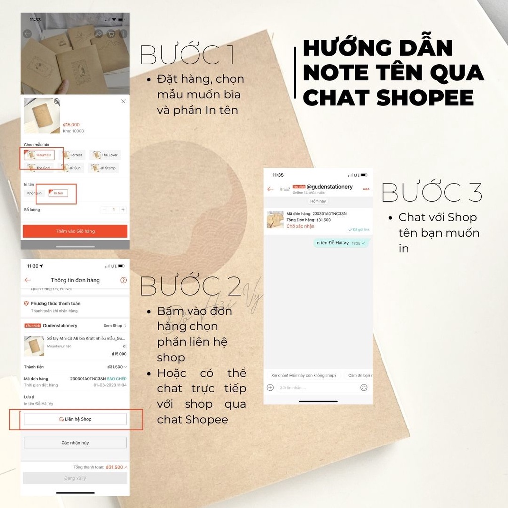 Sổ tay cỡ A5 bìa Kraft in tên cá nhân Hạnh Phúc Bình Yên 120 trang_Guden Stationery