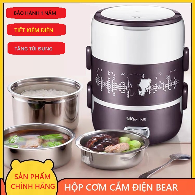 Hộp cơm cắm điện 3 tầng Bear, dung tích 2.0 lít, nấu chín, hâm nóng và giữ nhiệt, sử dụng inox 304 cao cấp