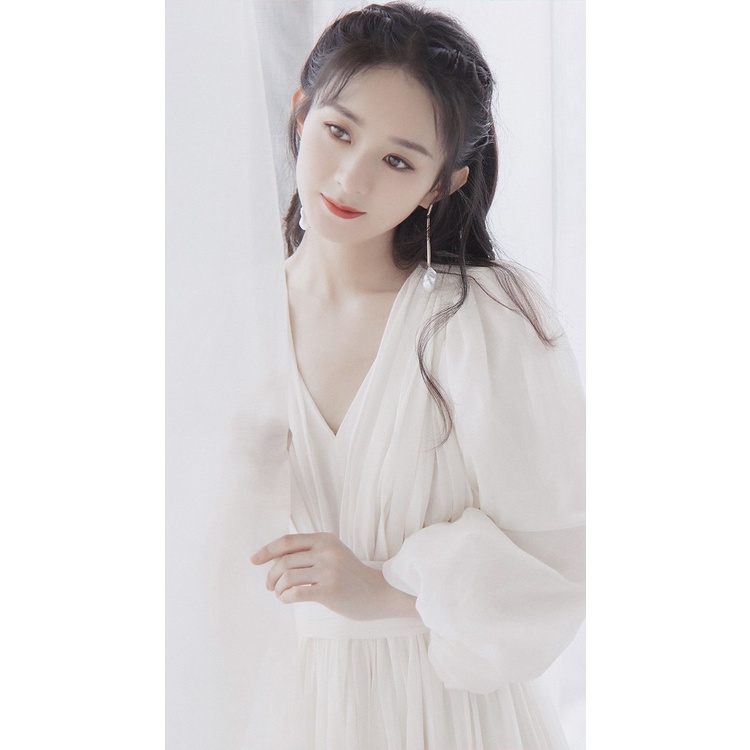 Zhao Liying Đầm Tay Phồng Ôm Eo Màu Trắng Nhạt Phong Cách Pháp Sang Trọng Thời Trang Xuân Hè 2023