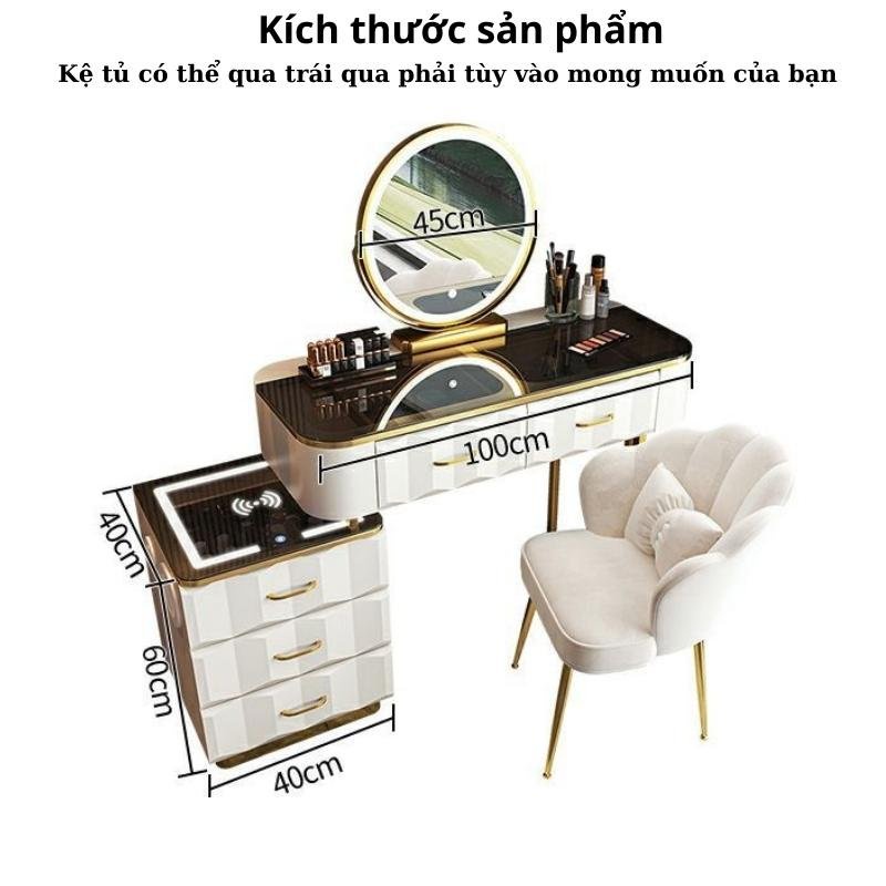 Bàn trang điểm LUXURY kèm gương đèn Led cảm ứng hiện đại, bàn phấn có tủ và ngăn kéo, kèm loa bluetooth sặc không dây