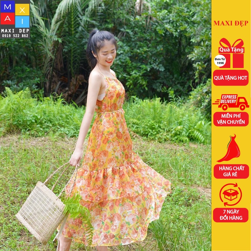 Maxi Cổ Yếm Đuôi Cá Họa Tiết Hoa Vàng Xinh ( Thiết Kể Bởi Maxidep Có Size) Nhẹ Nhàng