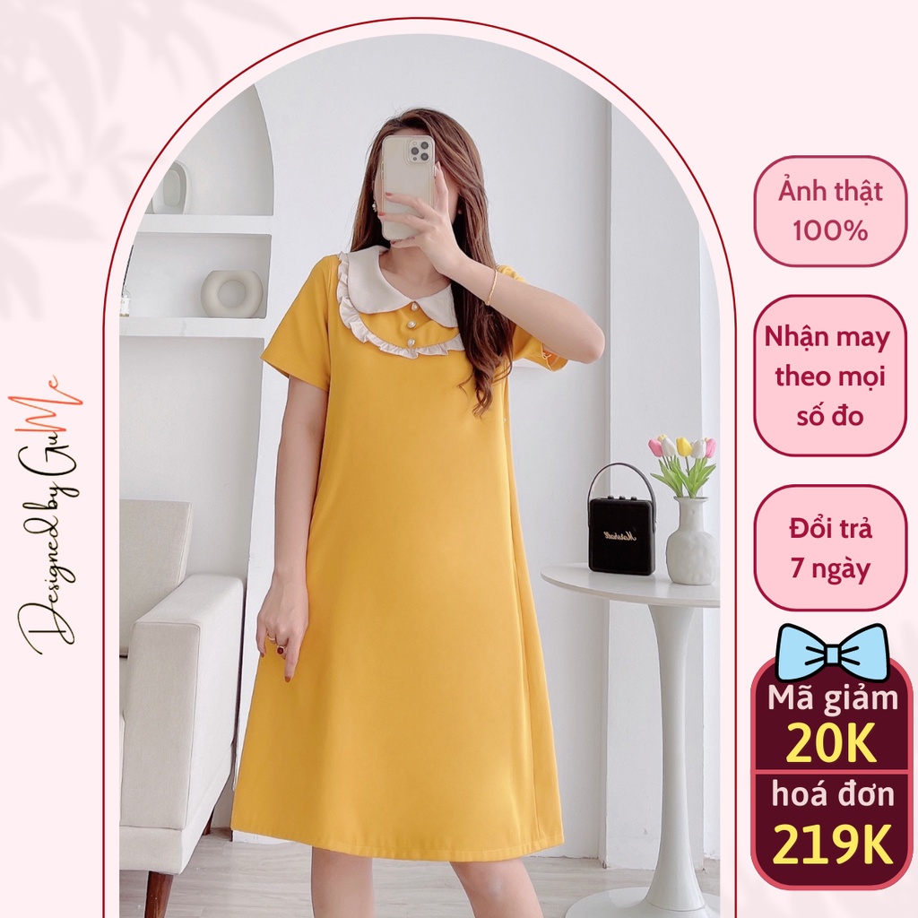 Váy bầu bigsize thiết kế GuMe dáng suông cổ yếm phối cúc ngoc chất vải chéo hàn cao cấp dày dặn size 40-100kg GM005