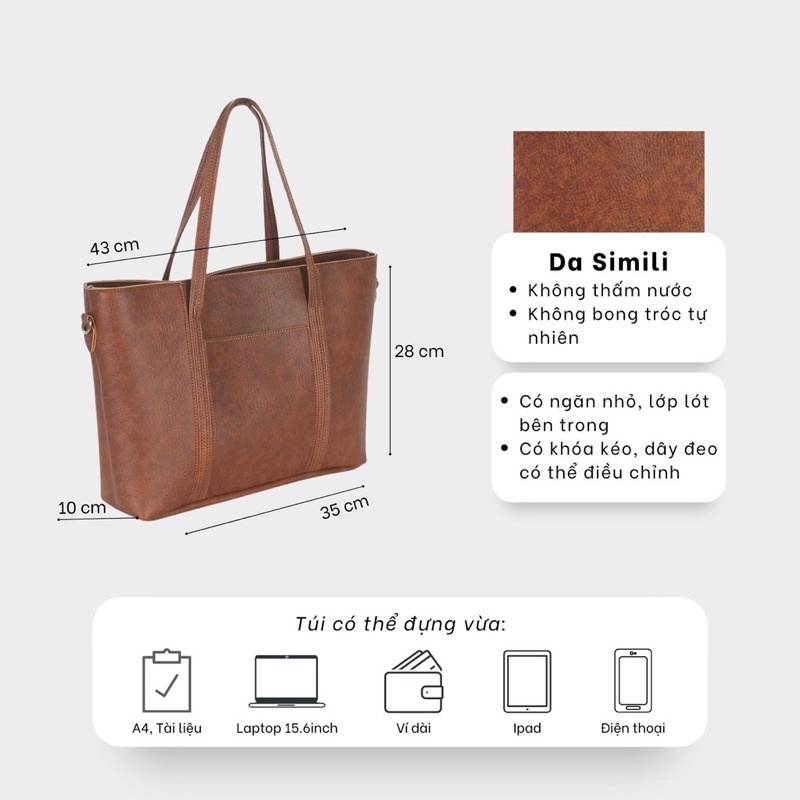 Túi Xách Nữ Công Sở Tote Da Đựng Laptop Thời Trang Tote size lớn đi học đi làm đi dạy A4 máy tính văn phòng