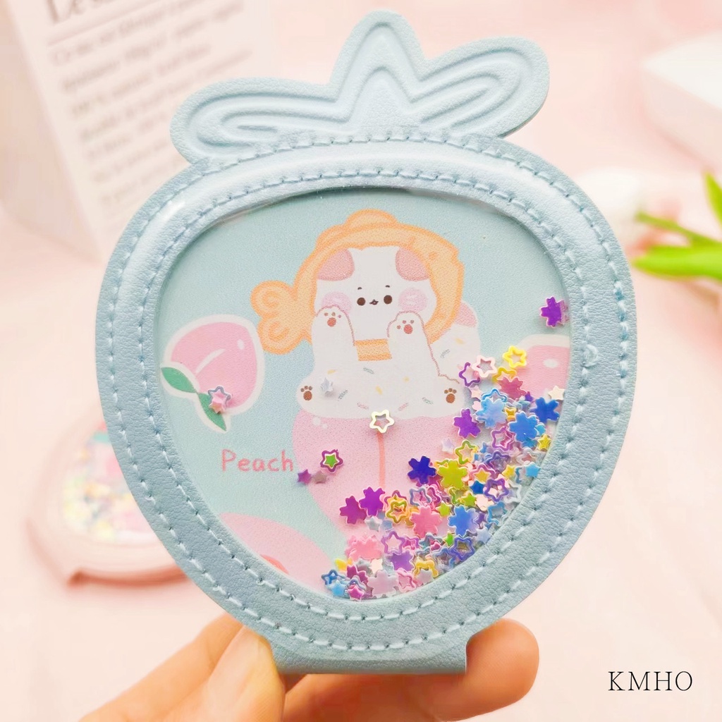 KMHO có thể gập lại Mini trang điểm gương sáng tạo cầm tay gấp PU vẻ đẹp gương sinh viên dễ thương phim hoạt hình gương