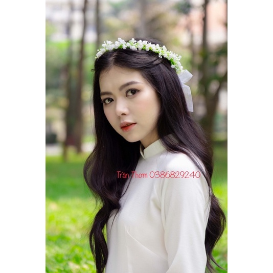 Vòng hoa đội đầu Nàng Thơ hoa hồng phối hoa bi trắng nhẹ nhàng, tinh khiết