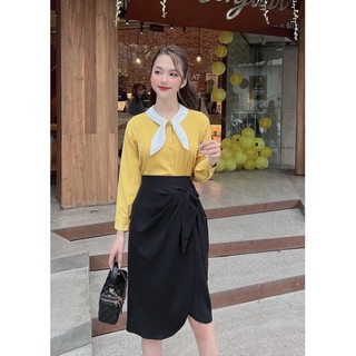 Áo sơ mi lụa cổ nơ phối màu thiết kế