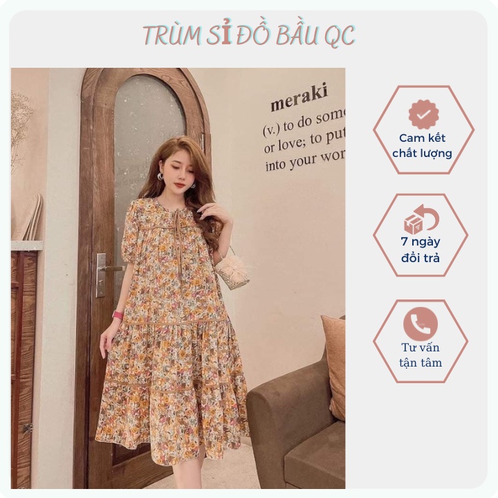 Đầm babydoll, đầm bầu, váy bầu, đầm hoa nhí dáng babydoll chất liệu lụa tằm mềm mại thoáng mát thoải mái cho mẹ bầu