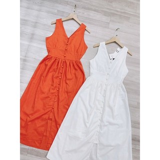 Váy cổ V cúc bọc đai eo