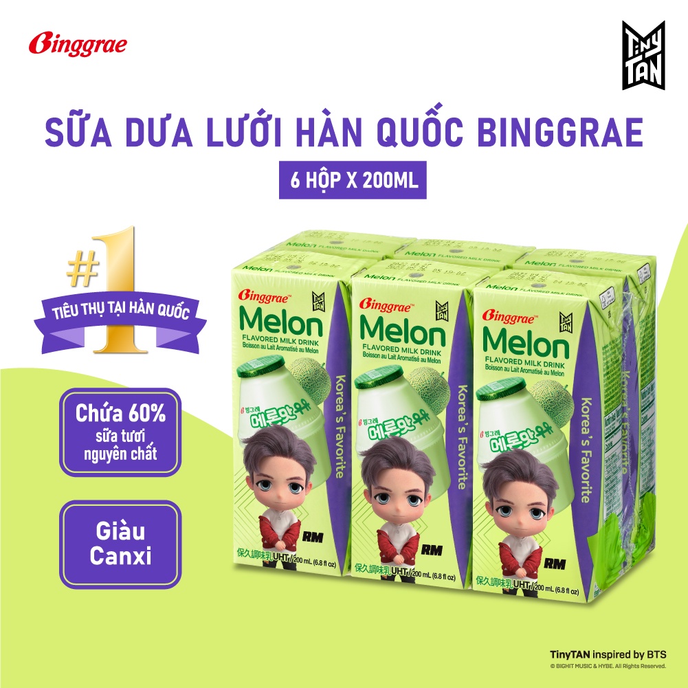 ★Tặng thẻ hoạt hình BTS Lốc Sữa Dưa lưới Hàn Quốc Binggrae Melon Milk (200ml x 6 hộp)