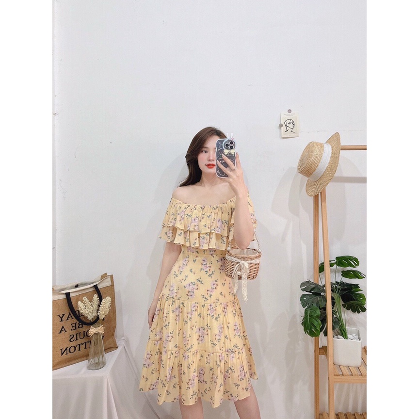 ĐẦM HOA NHÍ BỆT VAI KẾT HỢP BÈO TÙNG 2 LỚP TẠO KIỂU - Hình Shop Chụp Thật