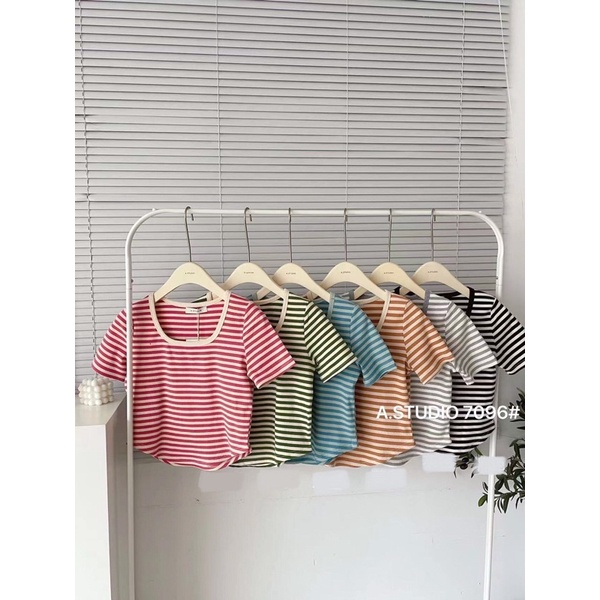 Áo thun croptop nữ tay ngắn kẻ sọc đẹp hàng Quảng Châu, áo phông form vừa kẻ ngang thời trang Hàn Quốc 7096