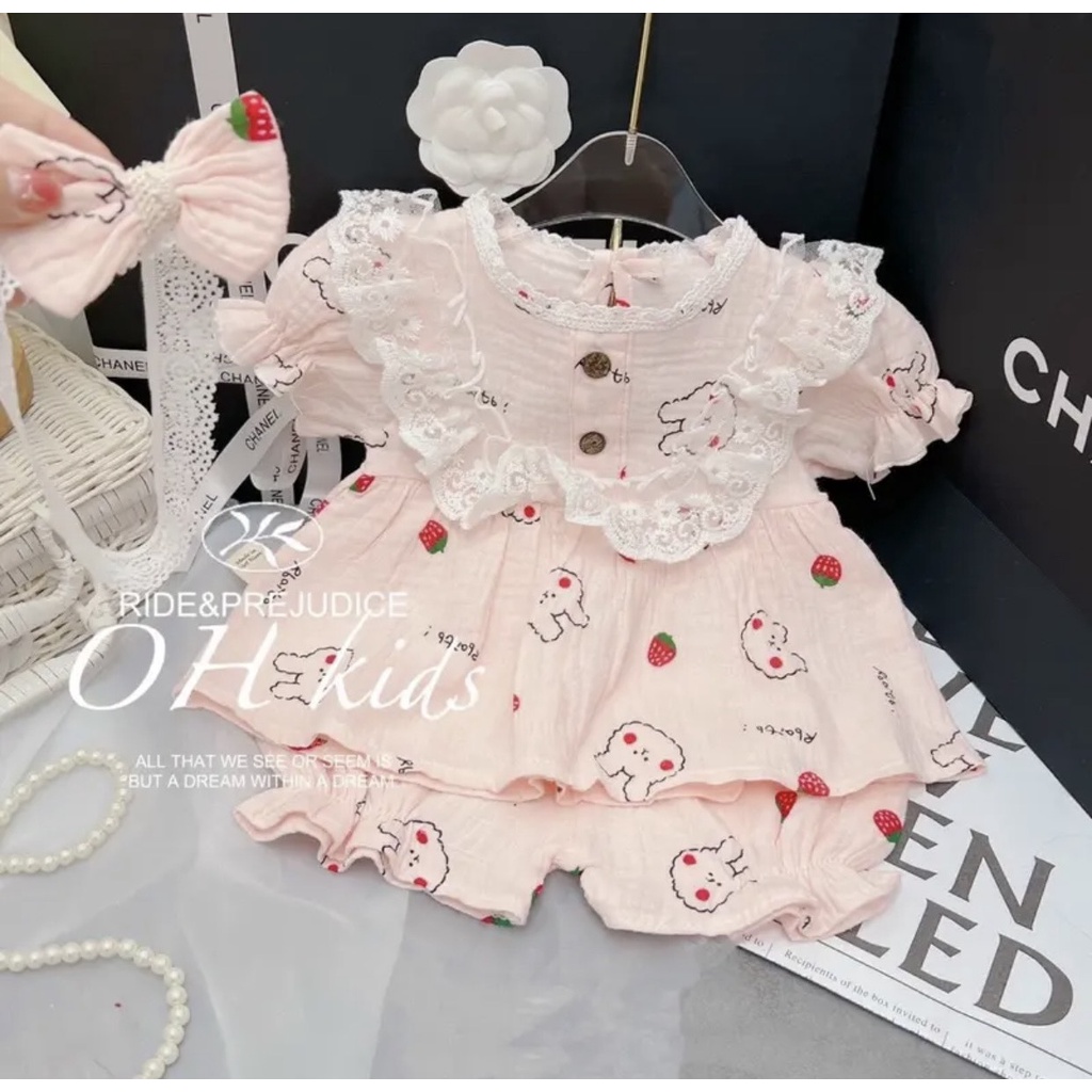 Bộ đũi xô nhật in hình ngộ nghĩnh cho bé gái (k kèm nơ)