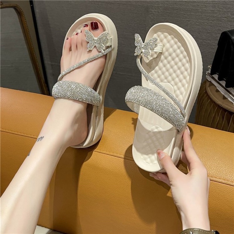 Dép quai ngang thời trang đính đá, Dép nữ đế bánh mì