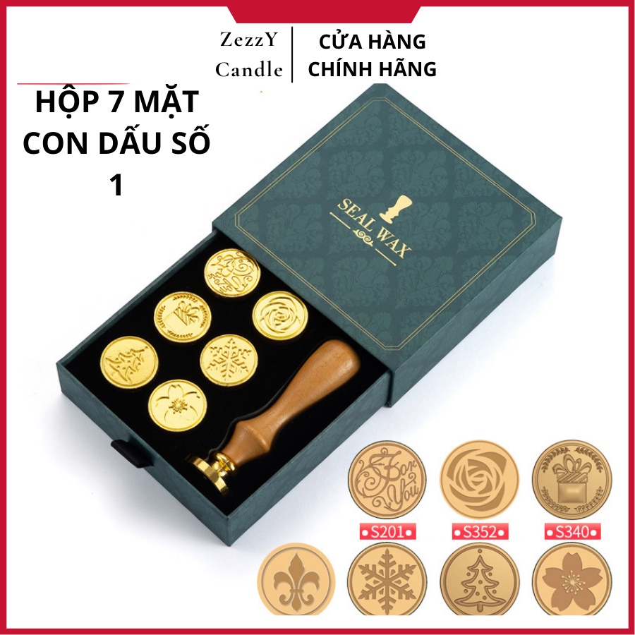 Hộp 7 mặt con dấu và tay cầm gỗ tặng kèm 100 viên dấu sáp niêm phong bì thư thiệp cưới thiết kế cổ điển sang trọng - Zez