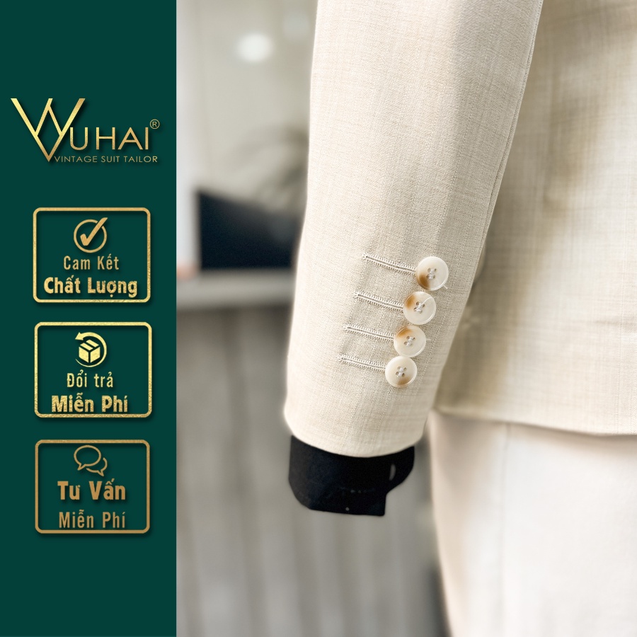 Áo Khoác Vest Màu Kem Nhạt, Chất Liệu Xatin Xước 2 Cúc, Túi Ốp Trẻ Trung-VuHai