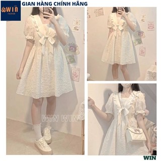 Váy gấm xốp cổ bèo nơ thiết kế tay bo dáng xòe cực xinh, Đầm tiểu thư gấm hoa nổi điệu đà phong cách Hàn quốc - WIN