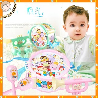 Bộ nhạc cụ đồ chơi hdy 6 món gồm trống/lục lạc/chuông/kèn trumpet/dùi trống cho bé kích thích trí não phát triển trí thông minh - bộ 6 trống lục lạc đồ chơi cho bé - luckybaby