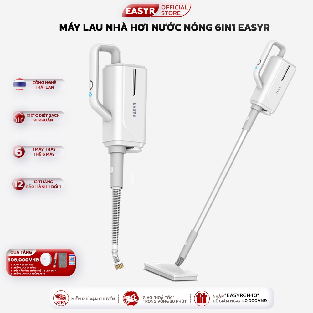 Máy Lau Nhà Hơi Nước Nóng Đa Năng 6IN1 EASYR Công Suất 1500W Diệt Khuẩn Không Hoá Chất Tẩy Rửa Kết Hợp Bàn Ủi Hơi Nước
