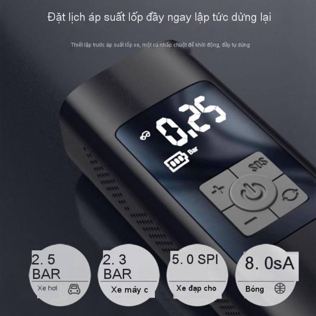 Bơm Lốp Ô Tô Mini Cầm Tay Không Dây Sạc Pin Có Đèn Led Chiếu Sáng