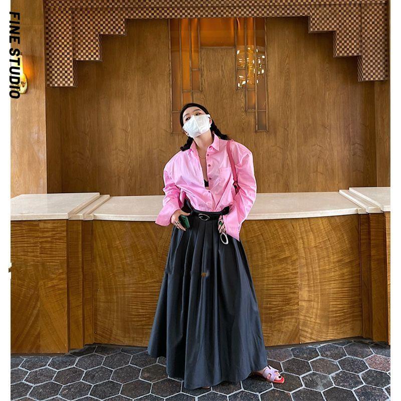 Chân Váy Xếp Ly Dài Tới Mắt Cá Chân Eo Cao Màu Xám Phong Cách Mới Dành Cho Bạn Nữ Studio