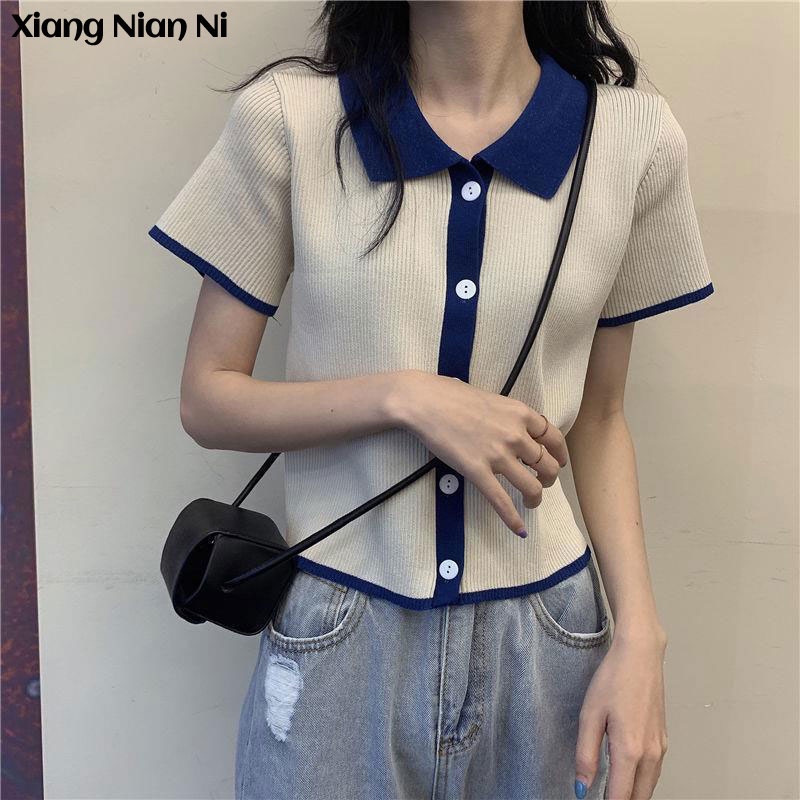 Áo polo Xiang Nian Ni dệt kim tay ngắn màu tương phản thời trang mùa hè 2023 cho nữ