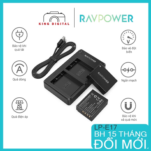 Bộ 2 PIN + SẠC ĐÔI Canon LP-E17 RAVPOWER Cho Canon 77D 750D 760D 800D 8000D 200D M3 M5 M6, EOS RP...