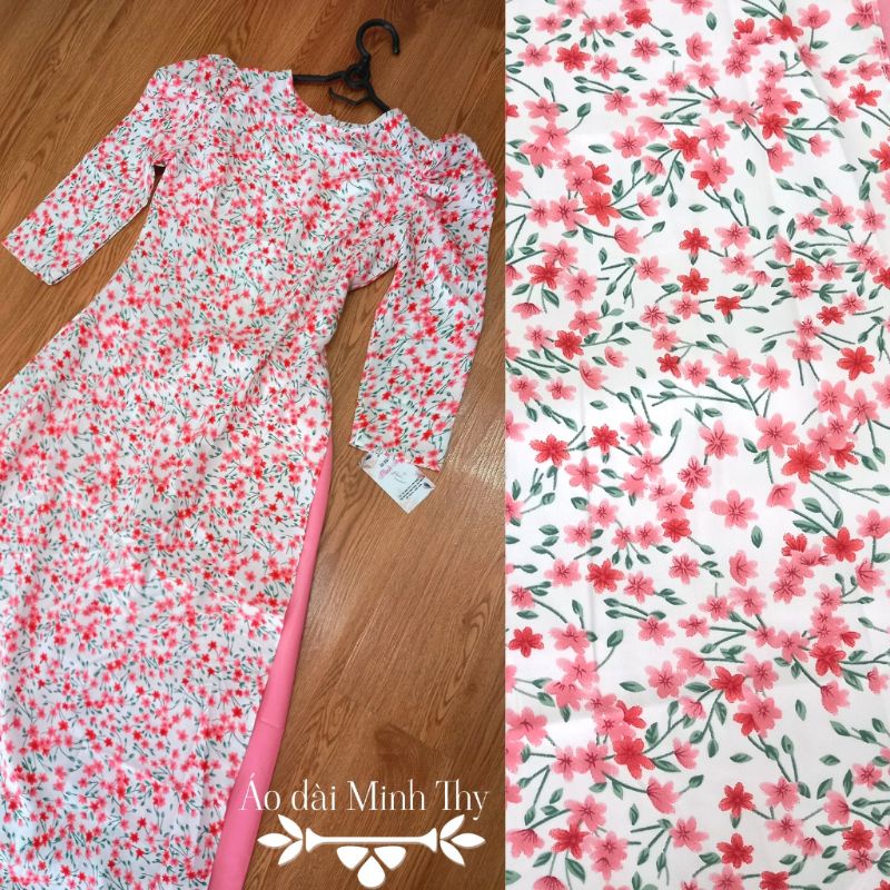 Áo dài hoa nhí cổ tròn tay bồng dáng truyền thống