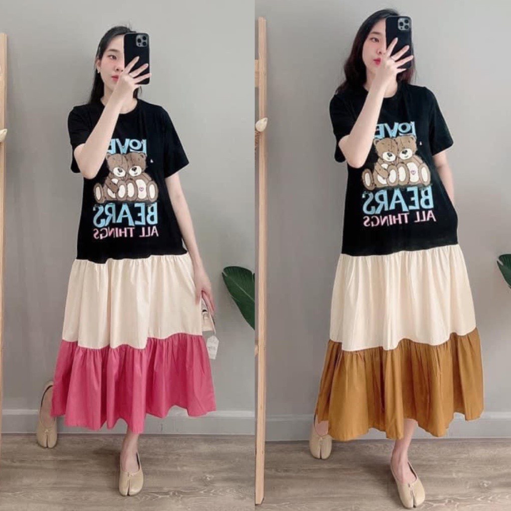 Váy bầu thiết kế đẹp dáng suông 3 tầng sang chảnh chất cotton đẹp siêu mát V372