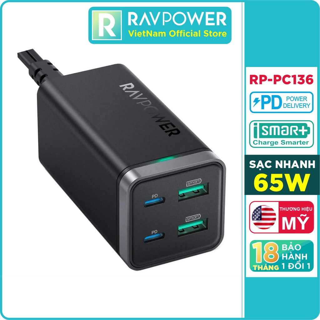 Củ Sạc Điện Thoại RAVPower RP-PC136 2 Cổng USB và 2 Cổng USB Type C PD 65W QC 3.0 - Hàng Chính Hãng