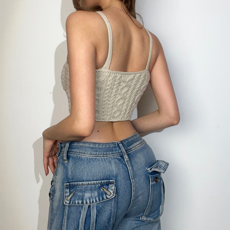 Weird Puss Jennie Áo hai dây Dệt Kim Dáng Ngắn Hở Rốn Eo Cao Màu Trơn Cho Nữ