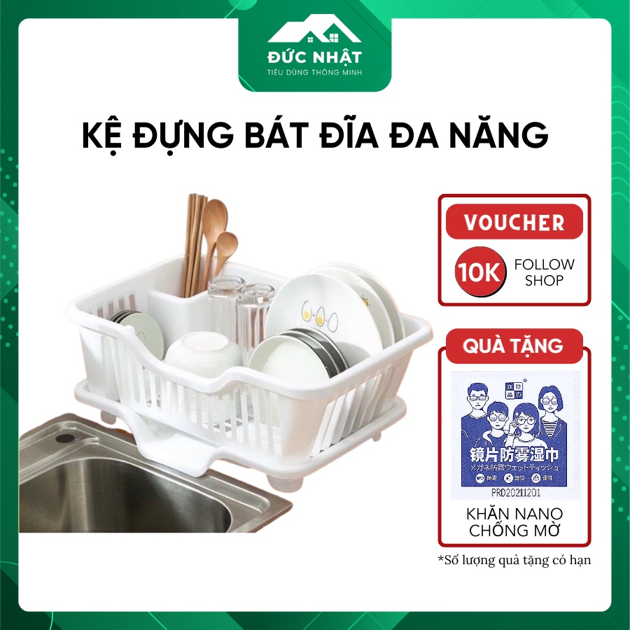 Kệ đựng bát đĩa, rổ úp chén có ống đũa đa năng kèm khay hứng thoát nước, sạch sẽ tiện dụng - Shop Đức Nhật